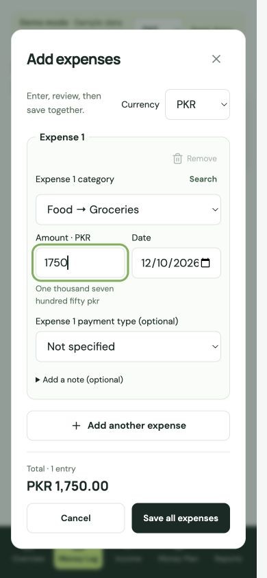 Review several expenses and their combined total before saving — synthetic demo