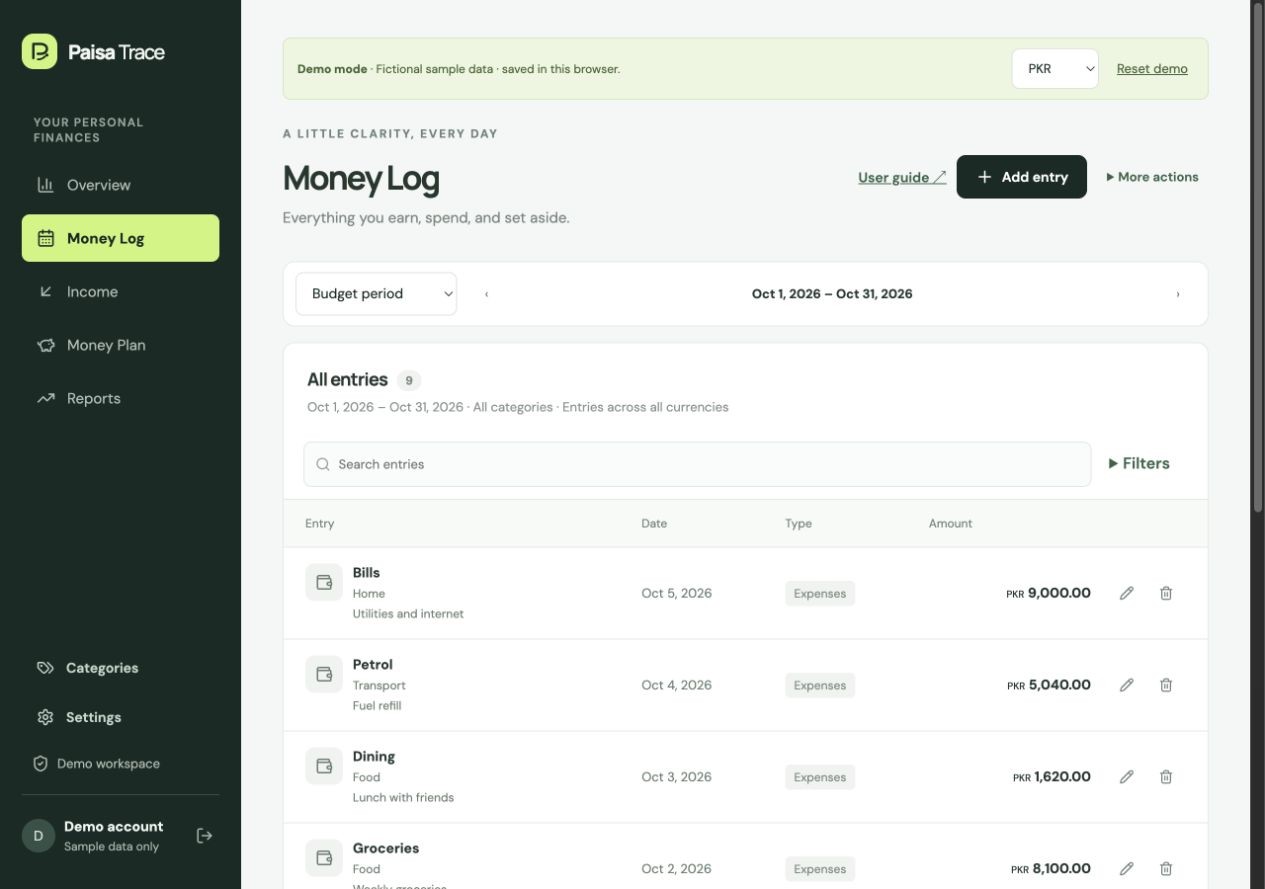 Use Money Log to find and review the selected month — synthetic demo