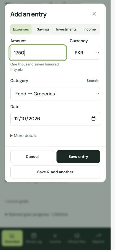 Record an expense with an amount, category and date — synthetic demo